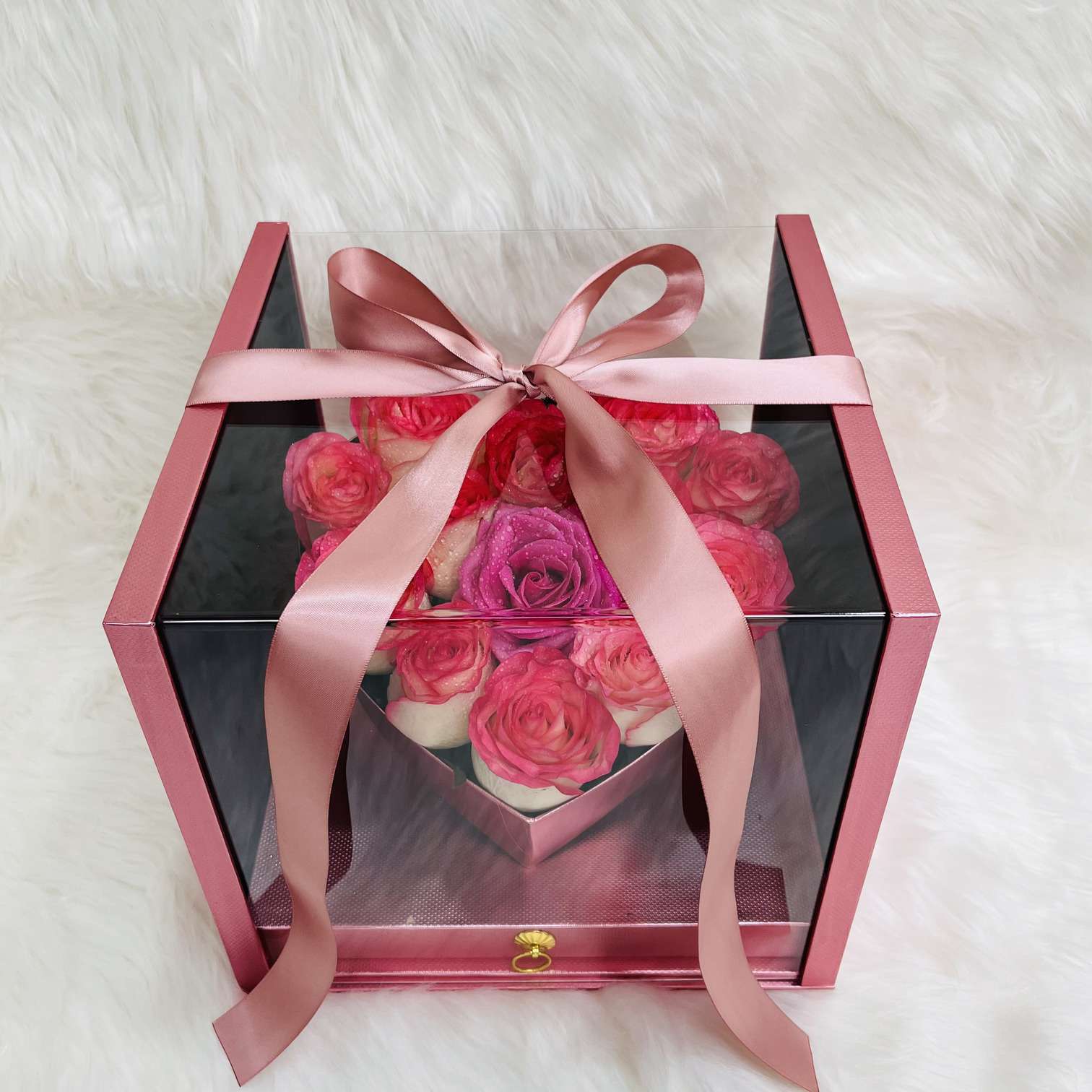 Pink Rose Heart in Luxury Acrylic Window Box with Hidden Ferrero Drawer