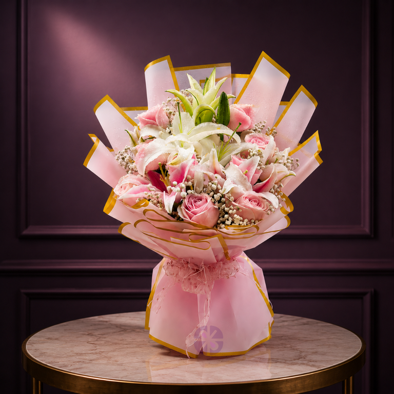 Premium Pink & White Lily with Pink Rose Stand Bouquet