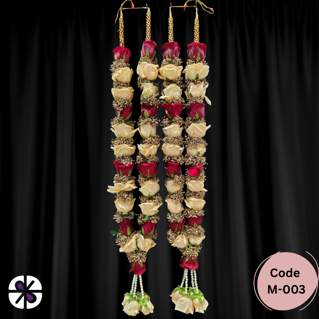 Premium Red and Cream Rose Wedding Garland (Mala) with Golden Gypsy
