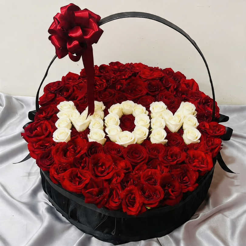 Grand 100-Rose Personalized "MOM" Premium Gift Basket with Red & White Roses