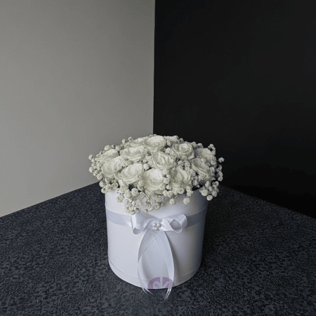 Purity Fresh White Premium Rose Round Box Arrangement