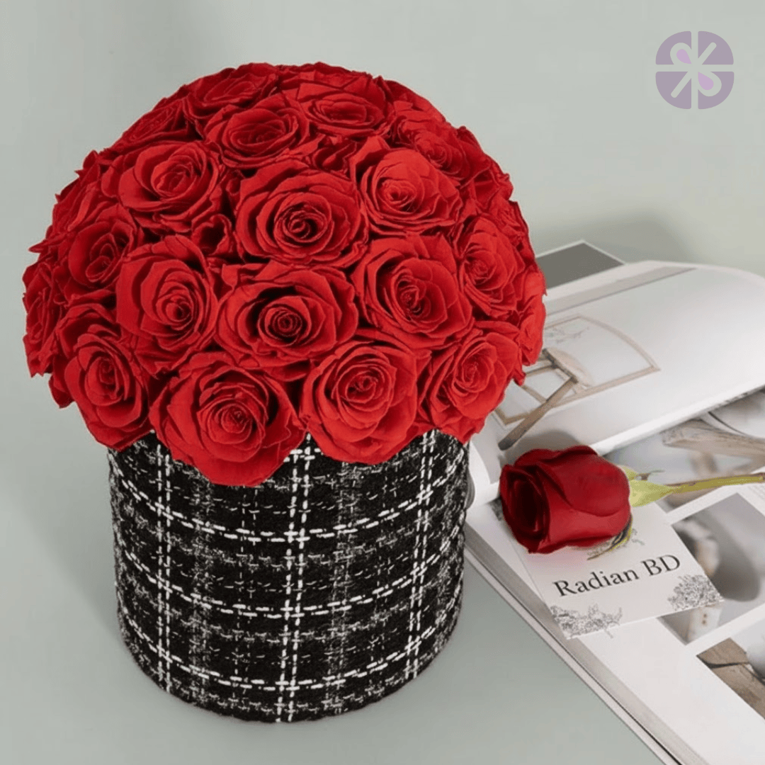 40 Red Roses in Premium Tweed Round Box