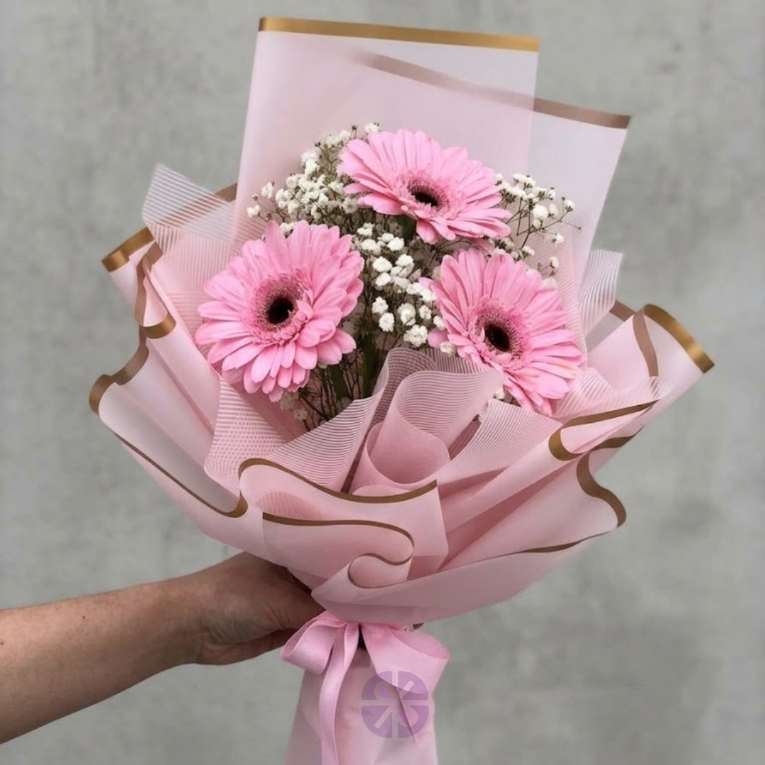 Elegant 3-Stem Baby Pink Gerbera Hand Bouquet
