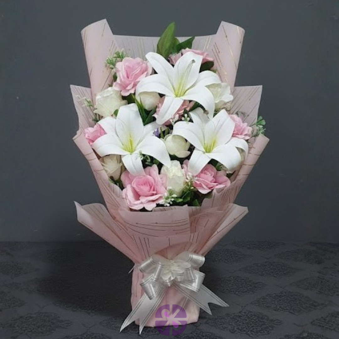 Sweet Serenity Artificial Pink & White Rose Lily Bouquet