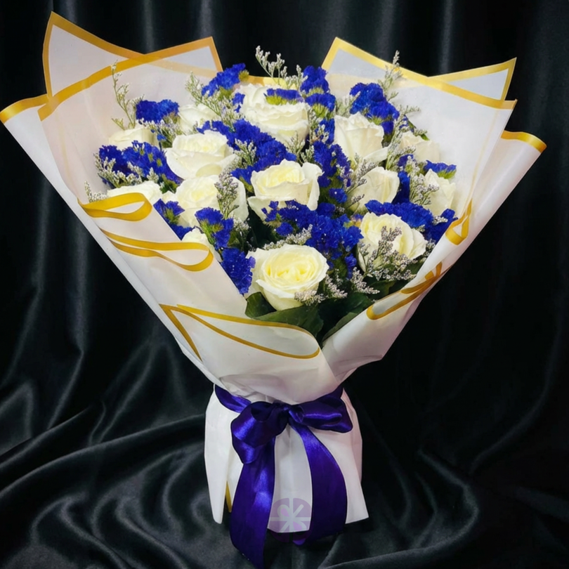 Royal Contrast White Rose & Purple Statice Bouquet 💜