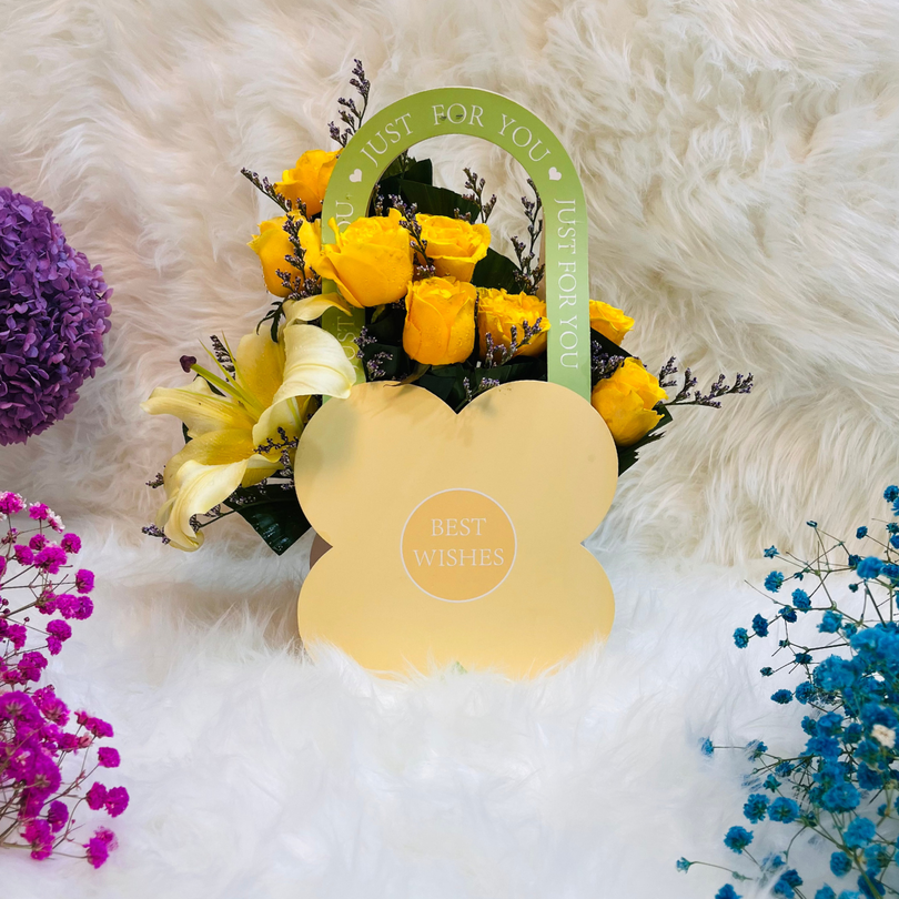 Yellow Lily & Rose Arrangement in Flower-Shaped Hanging Bag