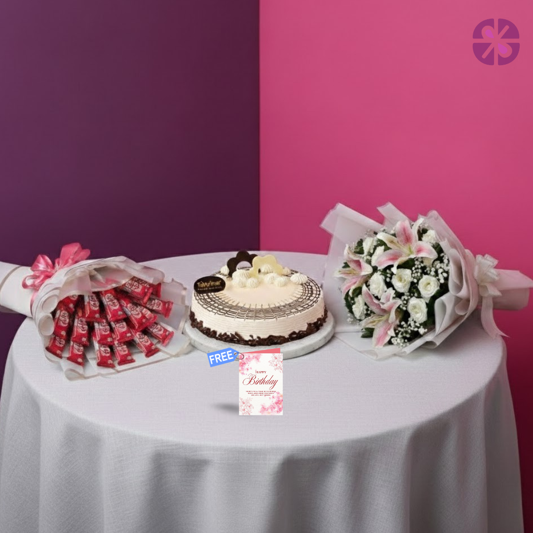 Triple Delight: Fresh Lily/Rose Bouquet, Kit Kat Bouquet & Cake Combo