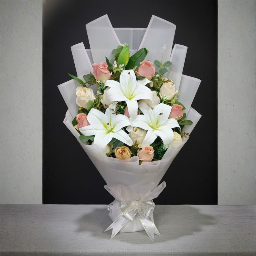 Classic Harmony Artificial White Lily and Pink Rose Stand Bouquet