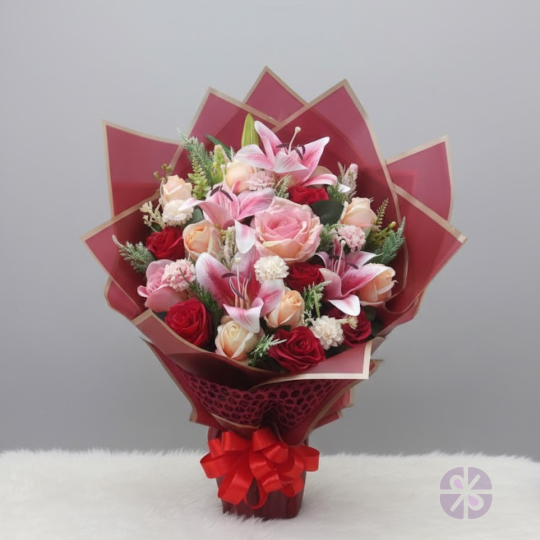 Regal Romance Artificial Pink & White Rose with Pink Lily Stand Bouquet