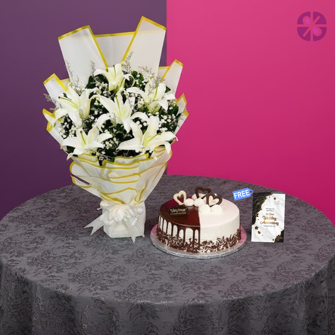 Pure Elegance Fresh Lily Stand Bouquet & Premium Cake Anniversary Combo