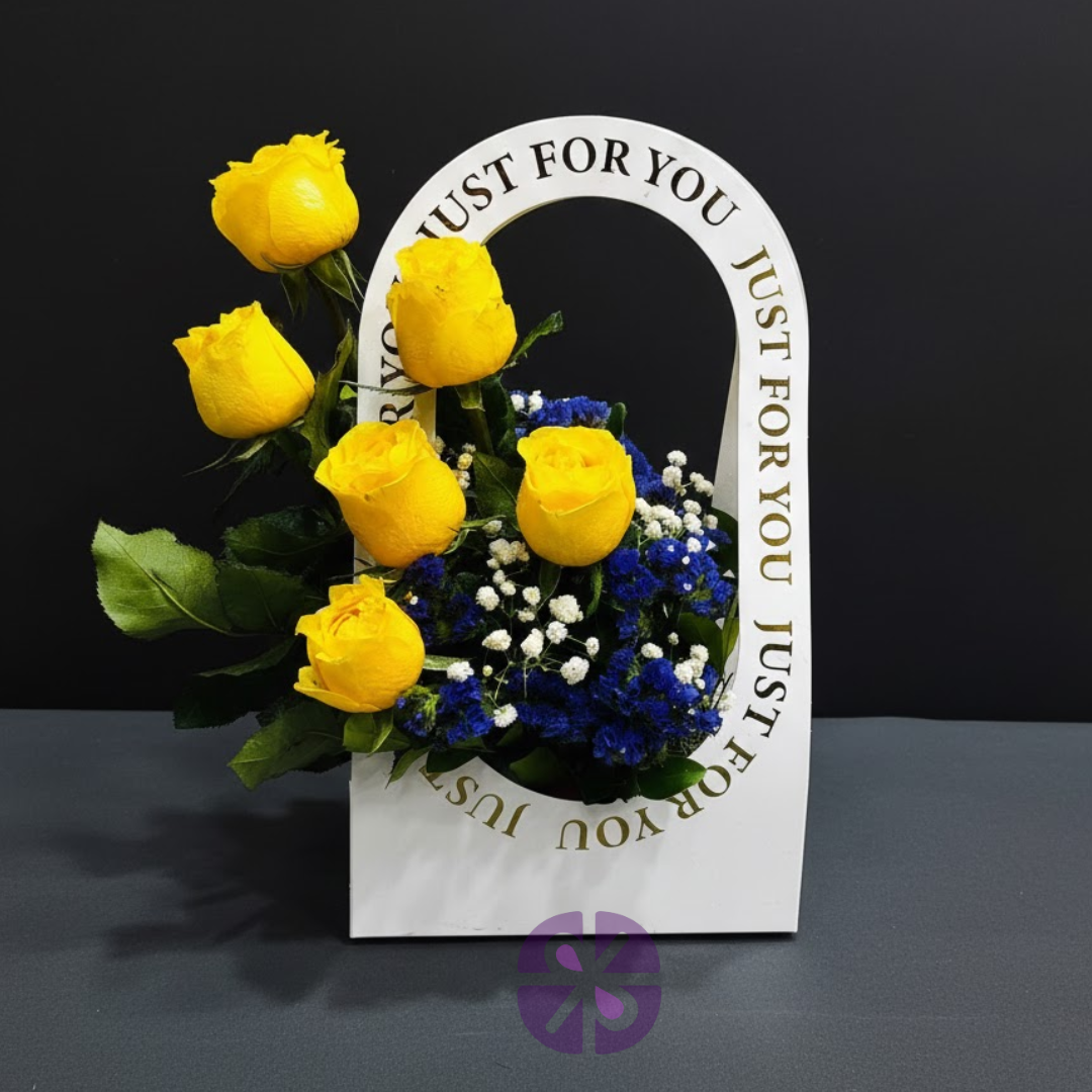 Sunshine Elegance Premium Yellow Rose & Blue Statice "Just For You" Gift Bag