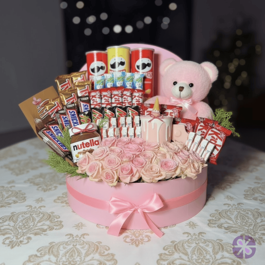 Pink Perfection Elegent Roses, Chocolates, and Teddy Gift Box