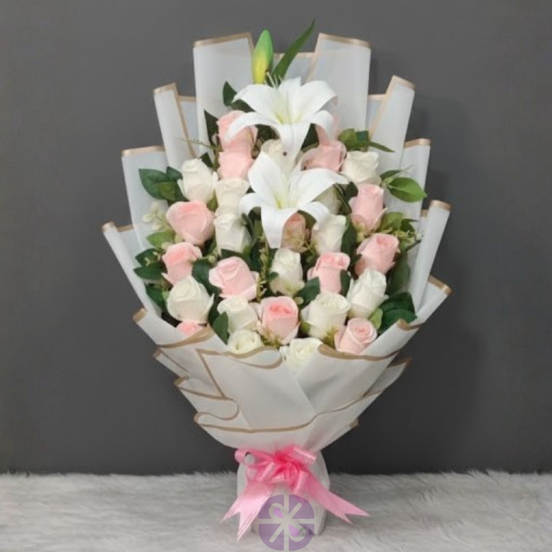 Everlasting Elegance Pink & White Rose Lily Artificial Stand Bouquet