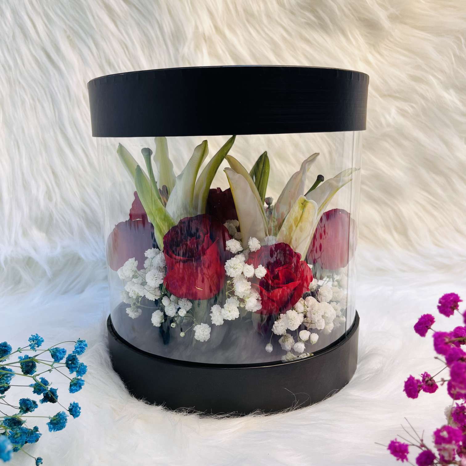 Red Rose & White Lily Arrangement in Transparent Black Round Gift Box