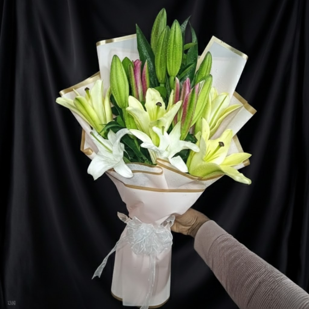 Premium White, Pink & Yellow Chinese Lily Handy Bouquet