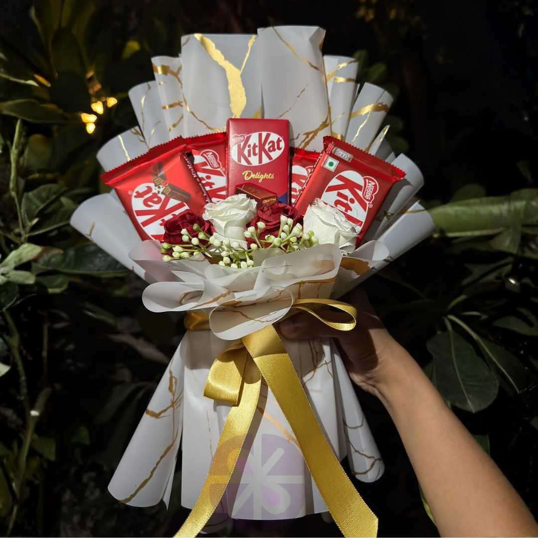 The Golden Indulgence: KitKat Rose & White Gold Bouquet