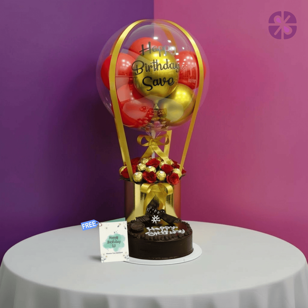 Golden Love Personalized Hot Air Balloon, Ferrero with Red Rose & Cake Combo