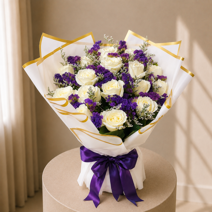 Royal Contrast White Rose & Purple Statice Bouquet 💜