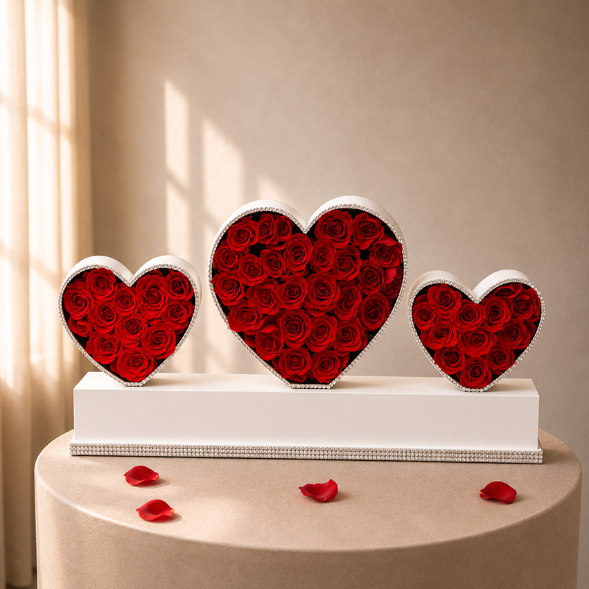 The Triple Heart Luxury: Signature Rose Trio Anniversary Gift
