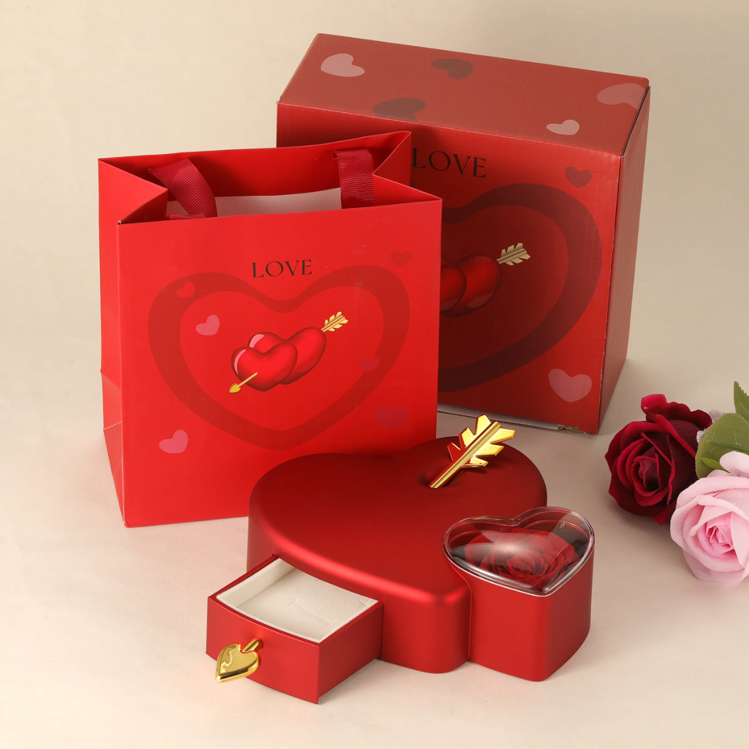 Luxury Red Heart Jewelry Gift Box with Arrow Design and Hidden Surprise Drawer