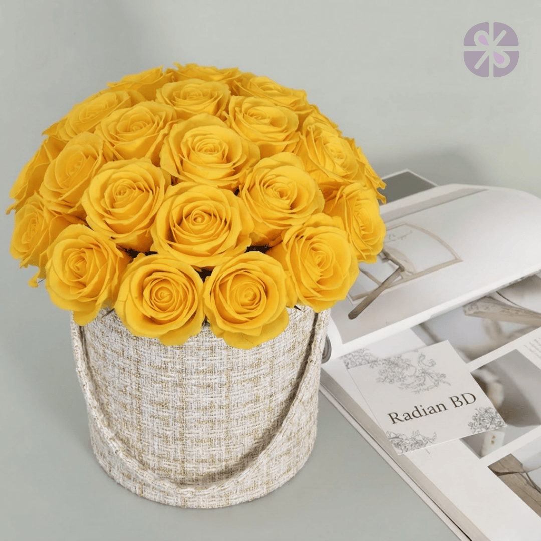 40 Yellow Roses in Hugging Tweed Round Gift Box