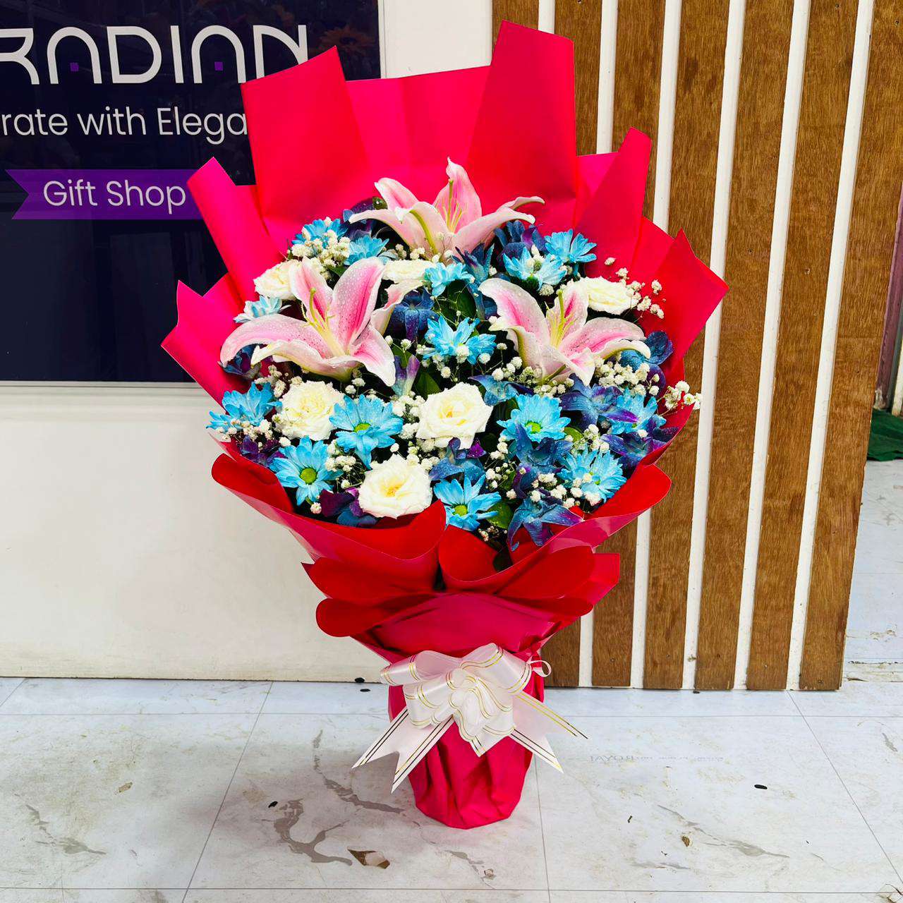 Regal Blue & Pink Mixed Stand Bouquet