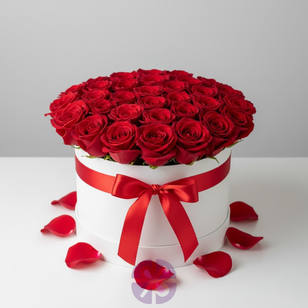 35-Stem Royal Red Rose with White Round Box