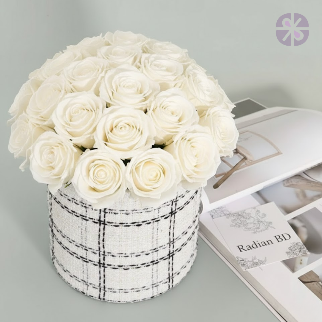 40 White Roses in Hungging Tweed Round Gift Box