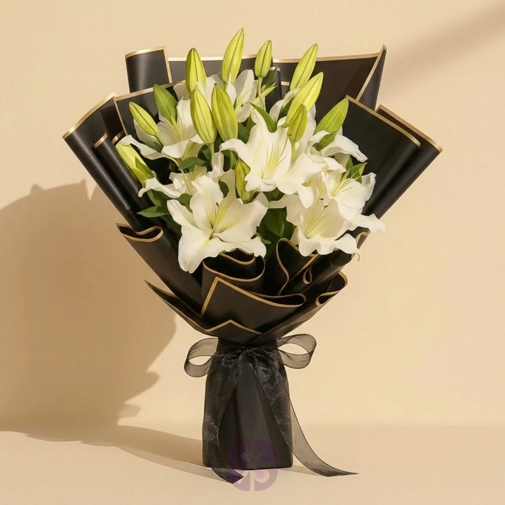 5-Stick Fresh White Lily Hand Bouquet in Gold-Edged Midnight Wrap