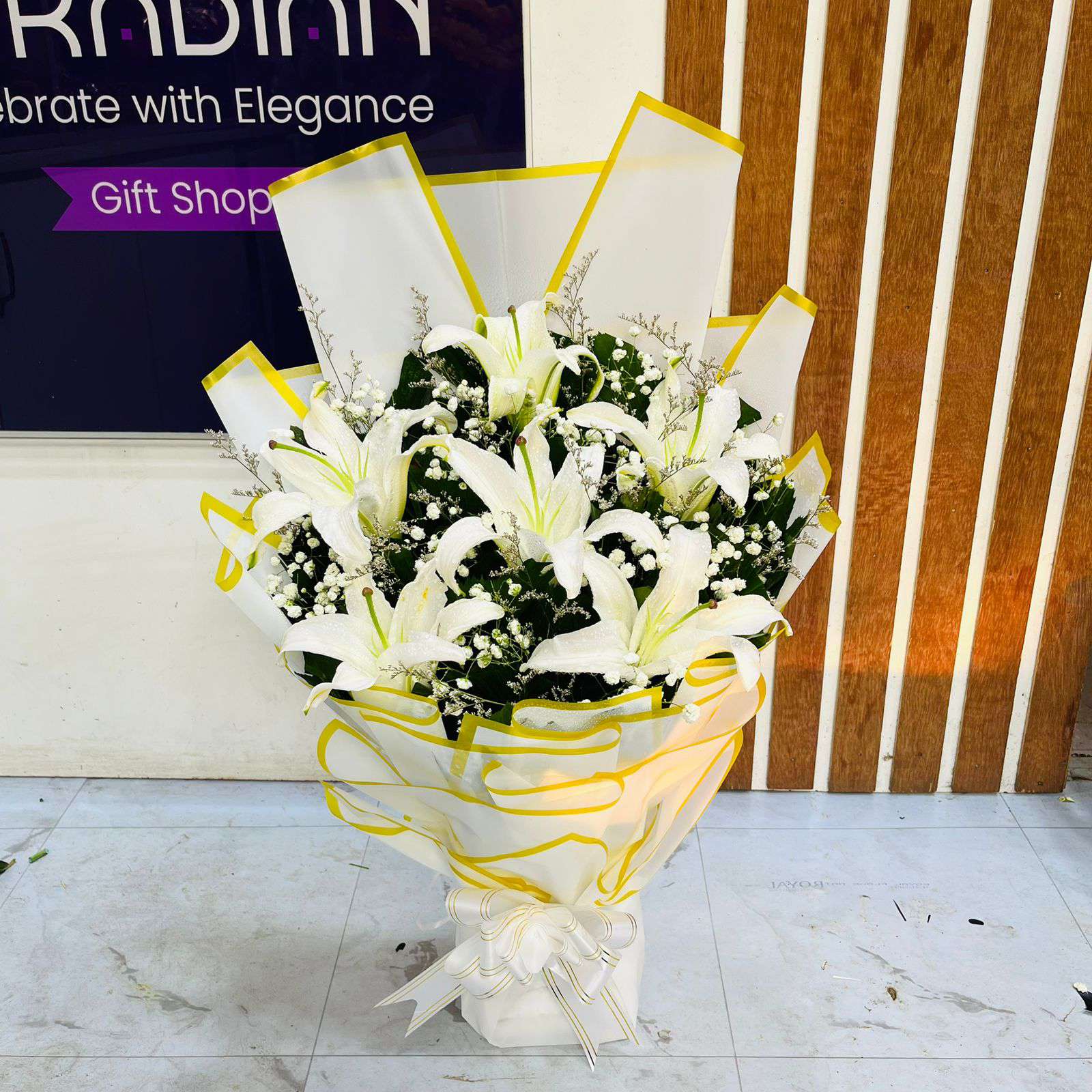 Purest Affection White Lily and Baby's Breath Standing Bouquet