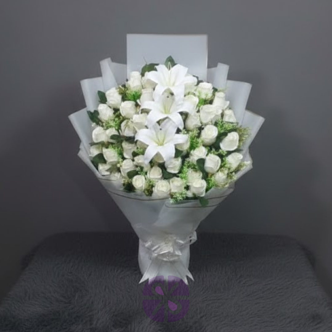 Eternal Purity  Artificial White Rose & Lily Stand Bouquet