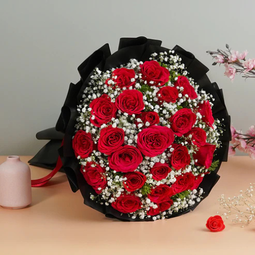 Luxury Noir Red Roses, Baby's Breath & Black Wrap Statement