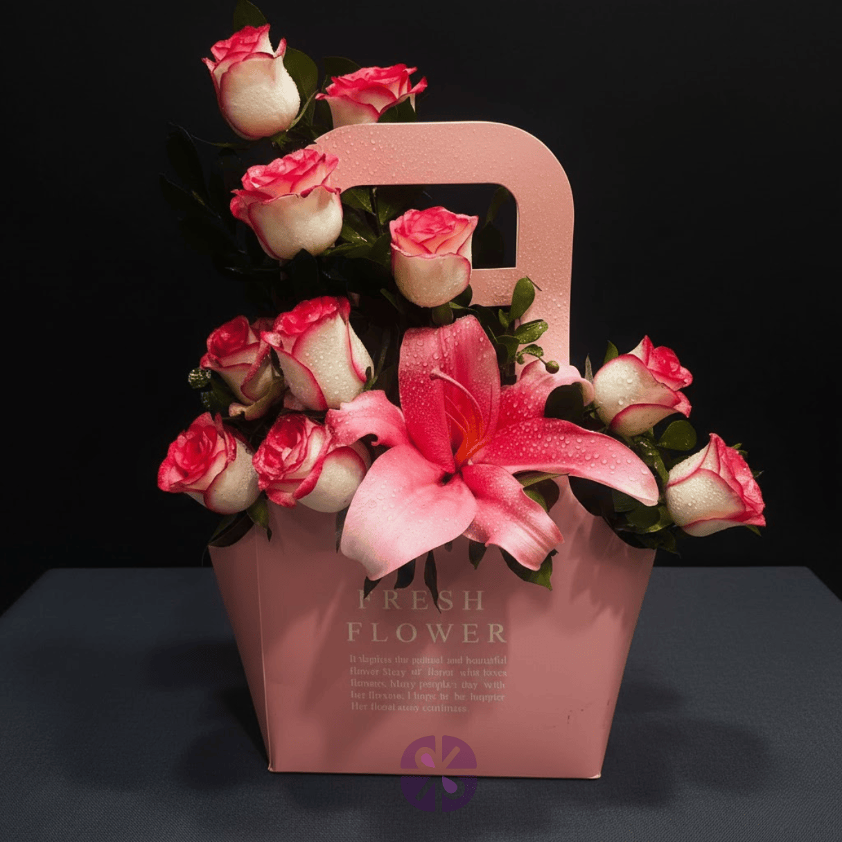 Charming Pink Flower Bag with Shaded Roses & Chinese Pink Lily