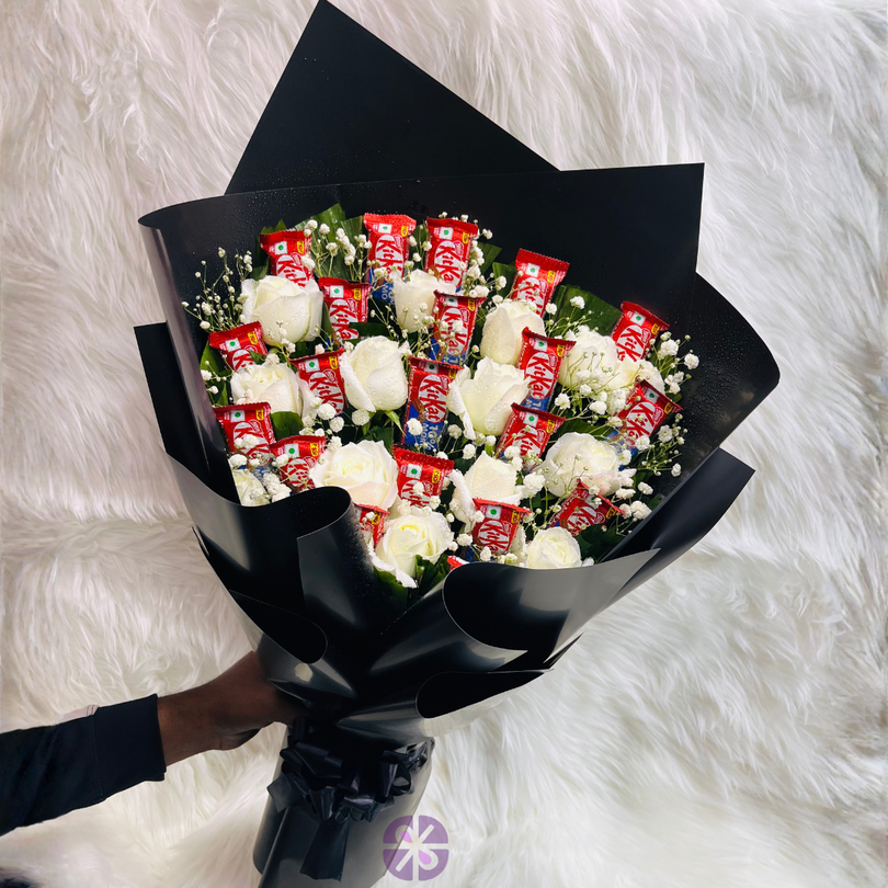 20 KitKat and White Rose Hand Bouquet in  Black Wrap
