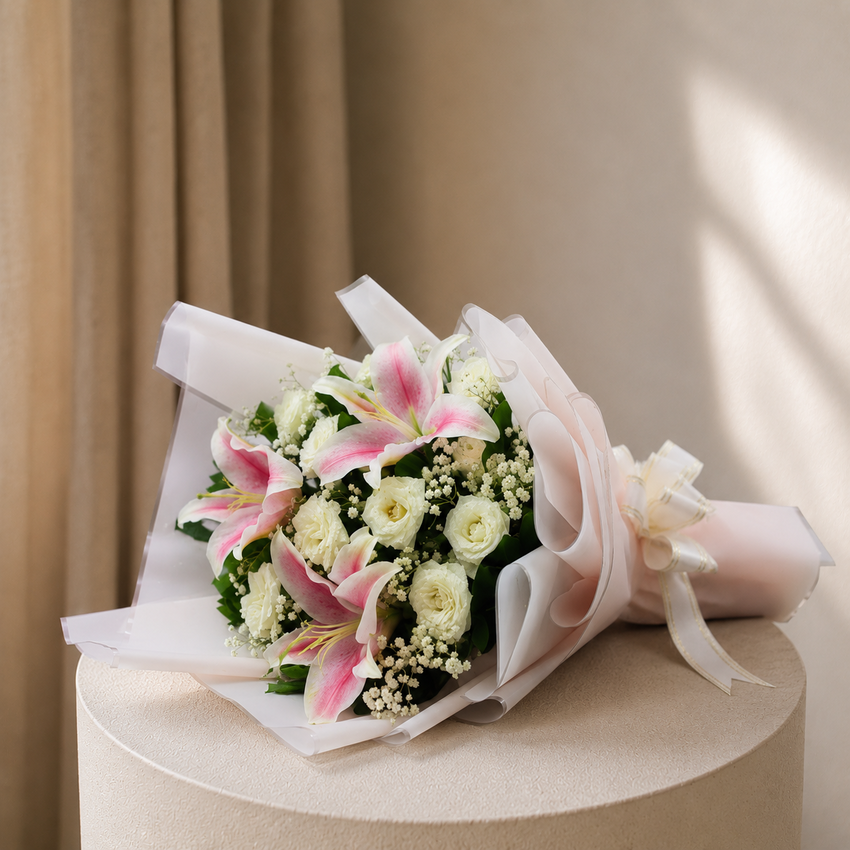The Elegant Contrast Pink Lily & White Rose Harmony Bouquet