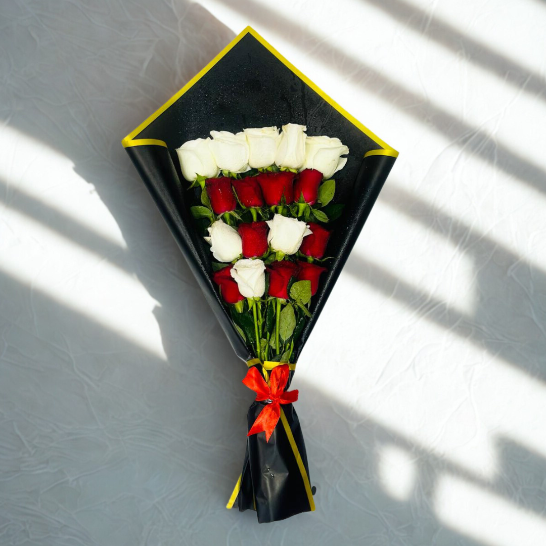Elegant Red & White Rose Bouquet with Black Wrap