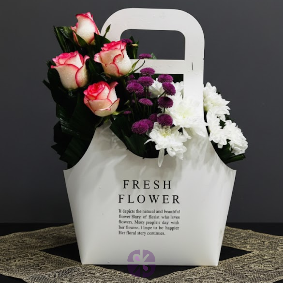 Elegant Floral Carrier Pink Shaded Rose & Chrysanthemums Flower Bag