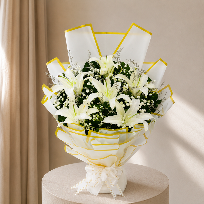 Purest Affection White Lily and Baby's Breath Standing Bouquet