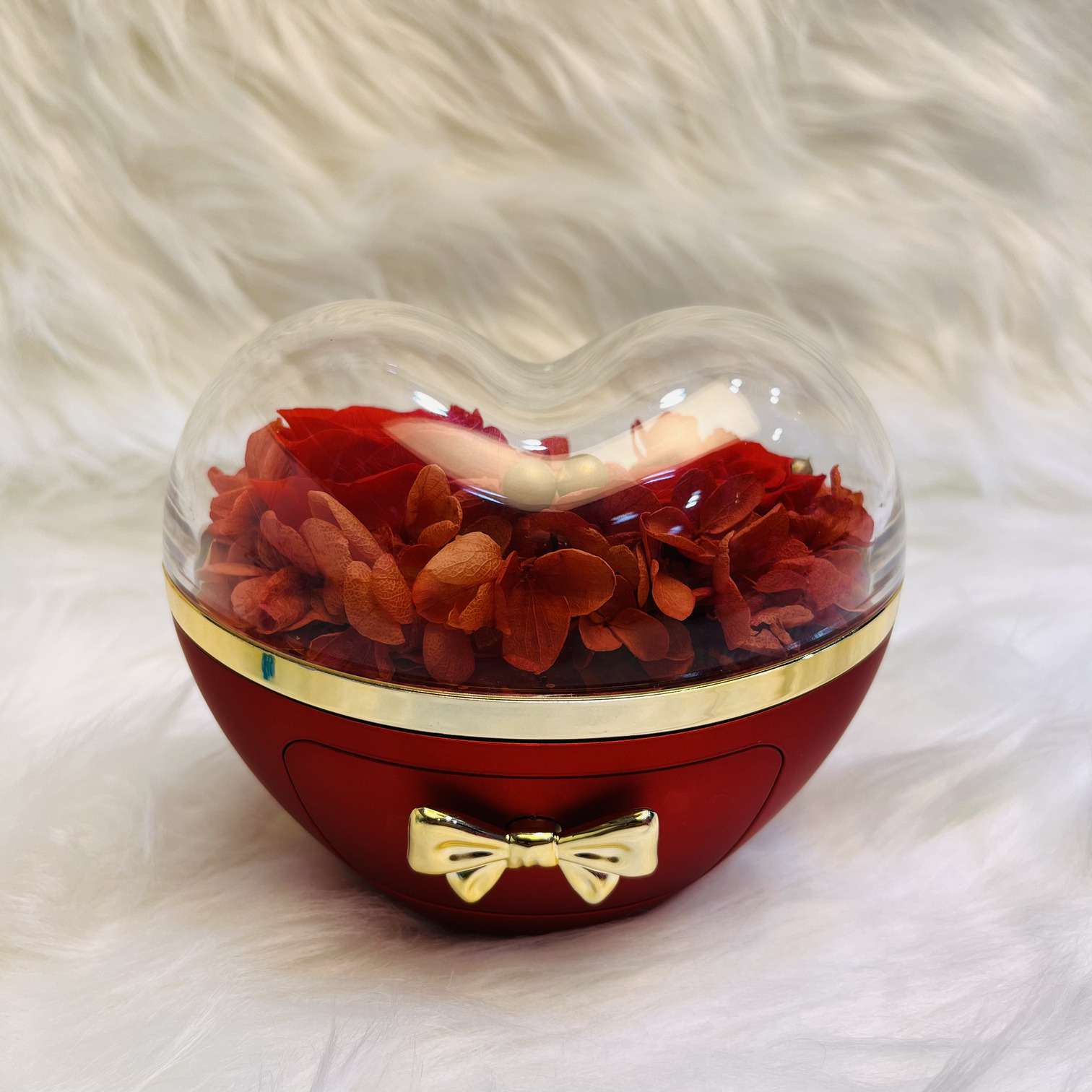 Heart-Shaped Jewelry Box with Preserved Dry Red Roses & Gift Bag