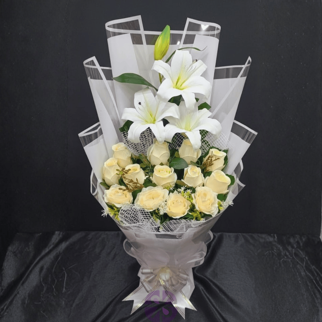 Pure Ivory Artificial White Lily & Rose Stand Bouquet