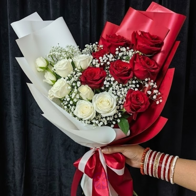 Premium Red and White Rose Fusion Hand Bouquet