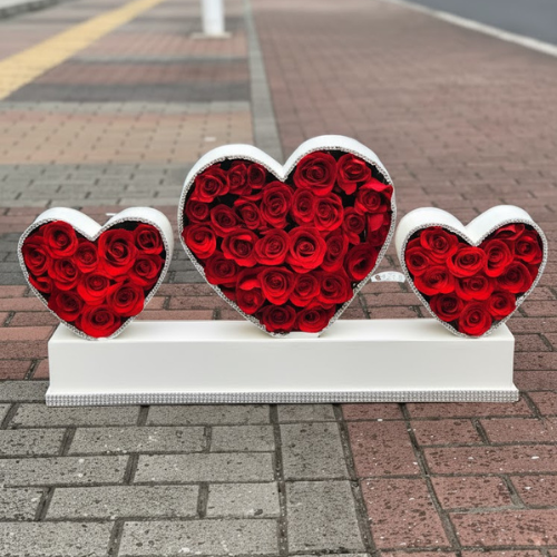 The Triple Heart Luxury: Signature Rose Trio Anniversary Gift