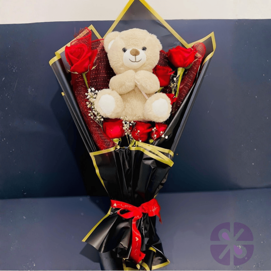 Small Teddy Bear and Red Rose Hand Bouquet