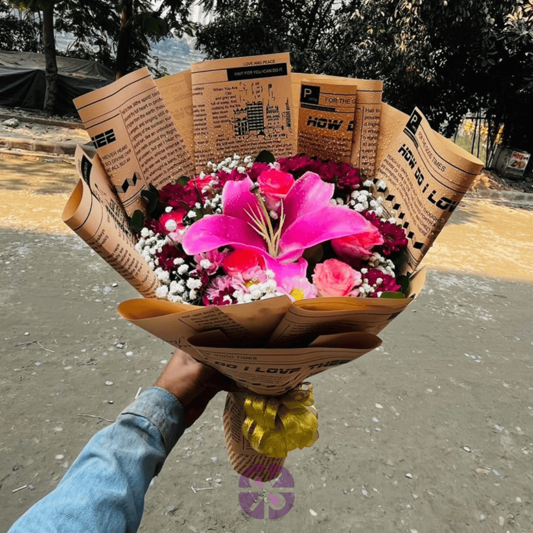 Vibrant Radiance Pink Lily, Purple Mum & Shaded Rose Mixed Handy Bouquet