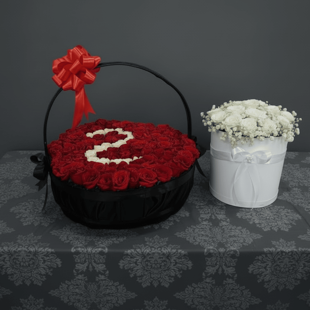 Ultimate Affection Personalized Red Rose Basket & White Rose Box Combo