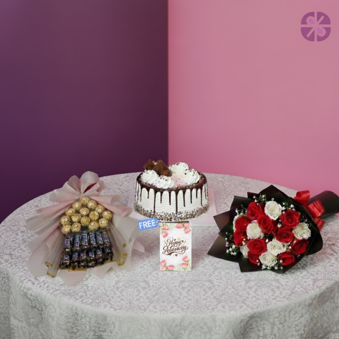 Classic Indulgence Fresh Rose Bouquet, Chocolate Bouquet & Cake Combo