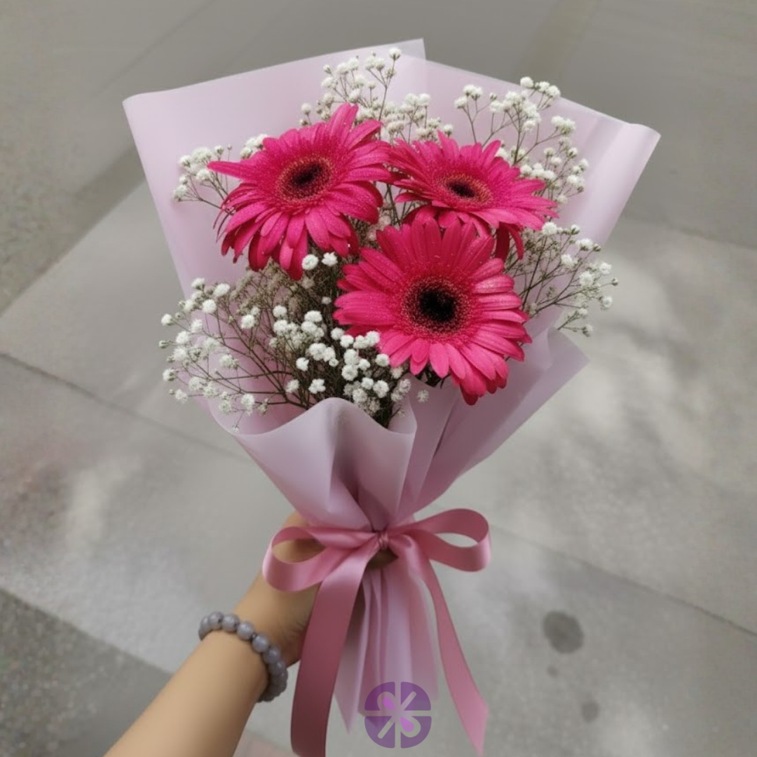Pink Gerbera & Baby's Breath Hand Bouquet