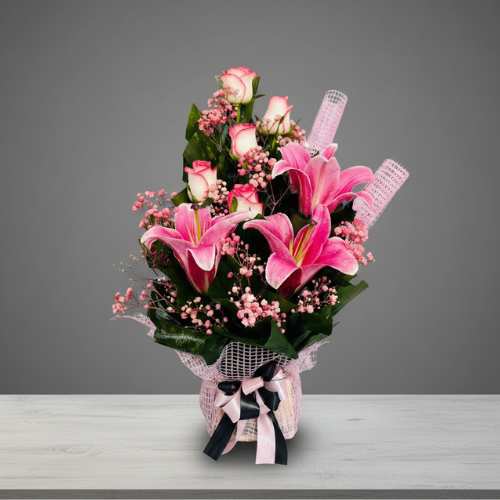 Pink Lily & Pink Shade Rose Bouquet: The Serenity Bloom