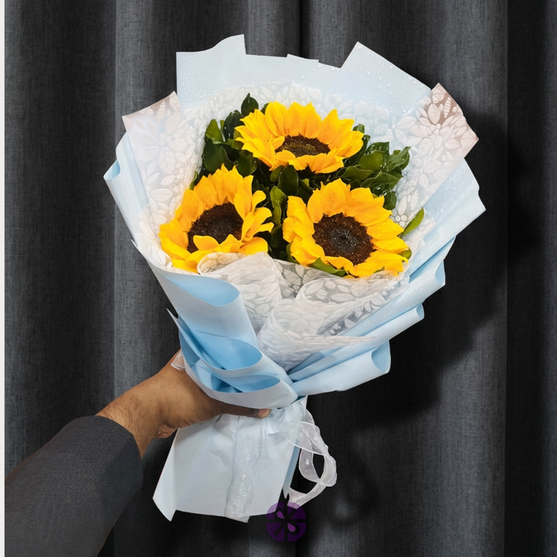 3-Sunflower Hand Bouquet in Sky Blue Floral Wrap
