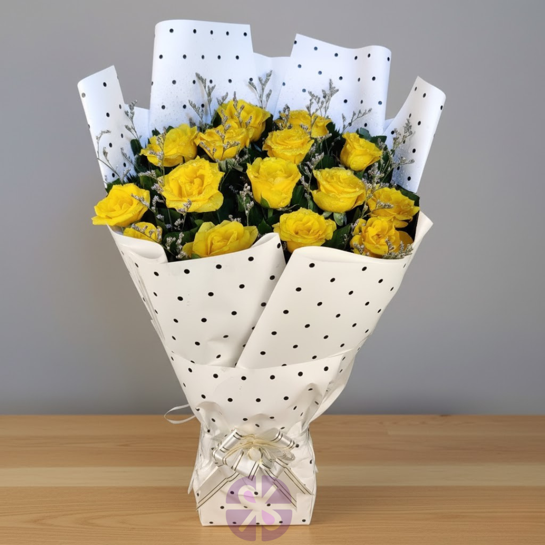 Sunny Yellow Roses Bouquet in Chic Print Dot Wrap